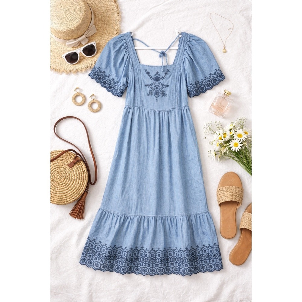 Denim Embroidered Tie Back Midi Maxi Dress Boho Prairie Cottagecore Western S